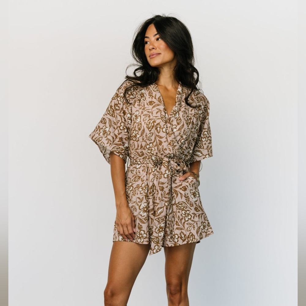 Baltic Born Tan Floral Short Sleeve Jumpsuit Romper